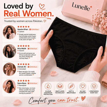 Black women's underwear held by hands with product features listed on a white background
